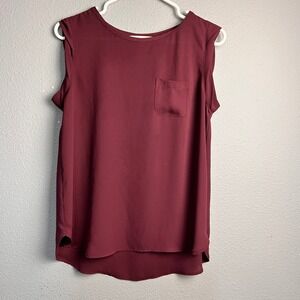 LOFT Womens Sleeveless Blouse‎ Burgundy Wine Crew Neck Chest Pocket Small